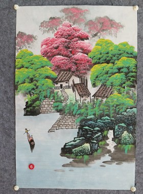 手绘桃花山水春景图国画福地雅居客厅玄关富山春居图挂画特价E2
