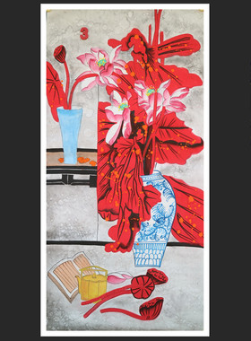 手绘花鸟画国画红色荷花清供图博古图四尺客厅装饰挂画特HA591203