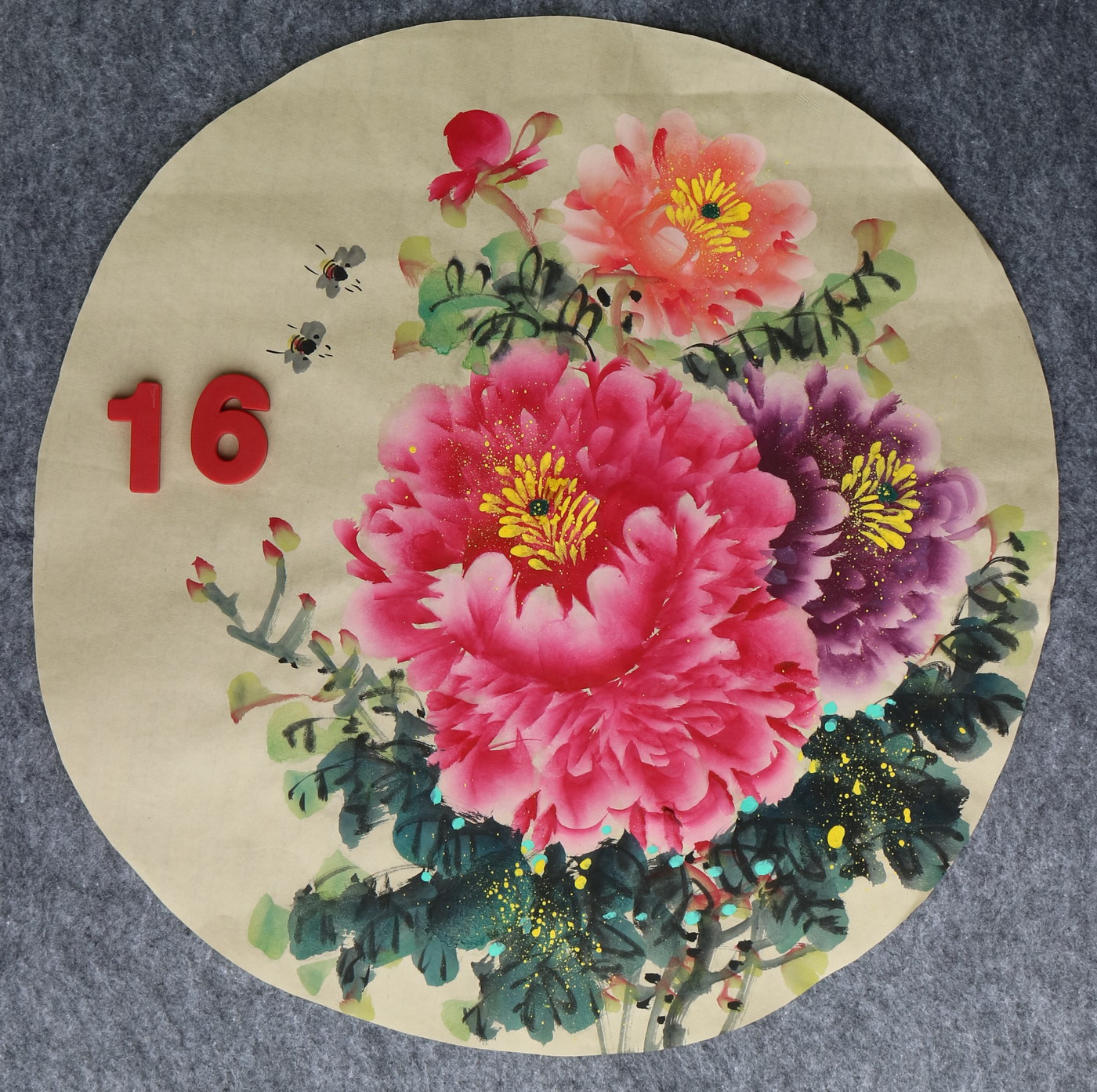 直径49厘米手绘花鸟圆形牡丹图字画国画客厅装饰挂画特价HA582316图片