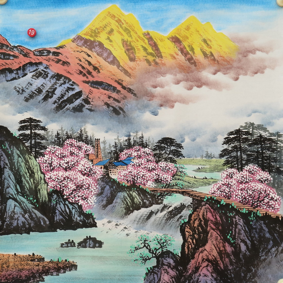 西藏布达拉宫日照金山图四尺斗方手绘国画山水画字画特价HC572419