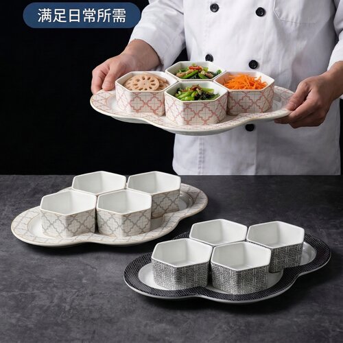 白色陶瓷釉下彩菱形多格小吃拼盘
