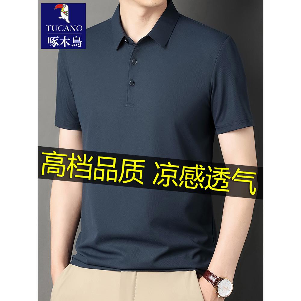 啄木鸟短袖t恤男士桑蚕丝中年冰丝翻领polo衫男半袖短袖真丝体恤