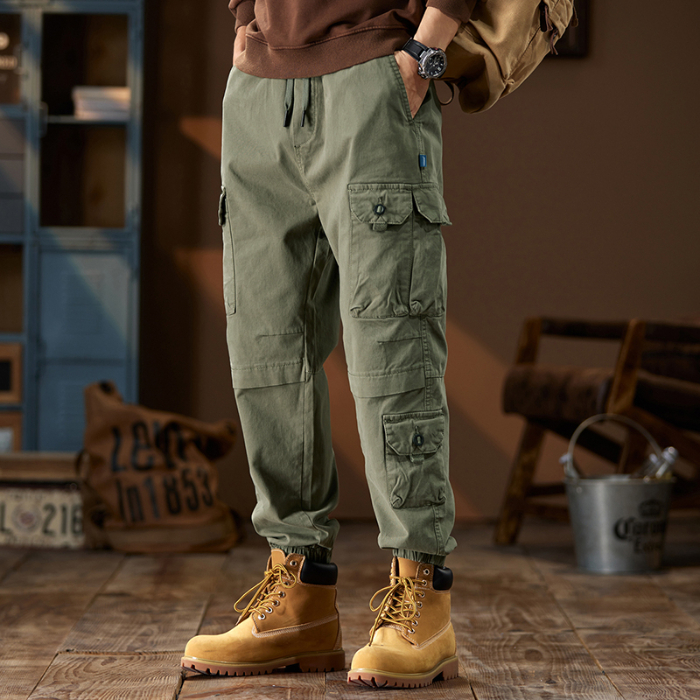 春秋季美式复古重磅纯棉工装裤男士潮牌多口袋百搭休闲束脚哈伦裤