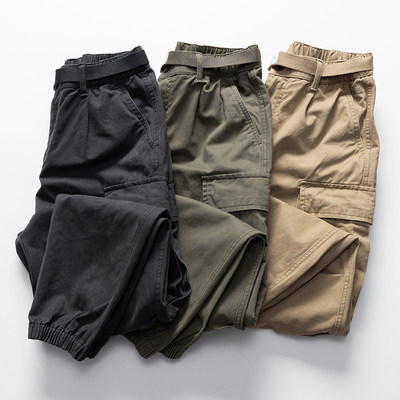 春秋季美式休闲纯棉重磅复古多口袋工装裤男士宽松百搭束脚长裤子