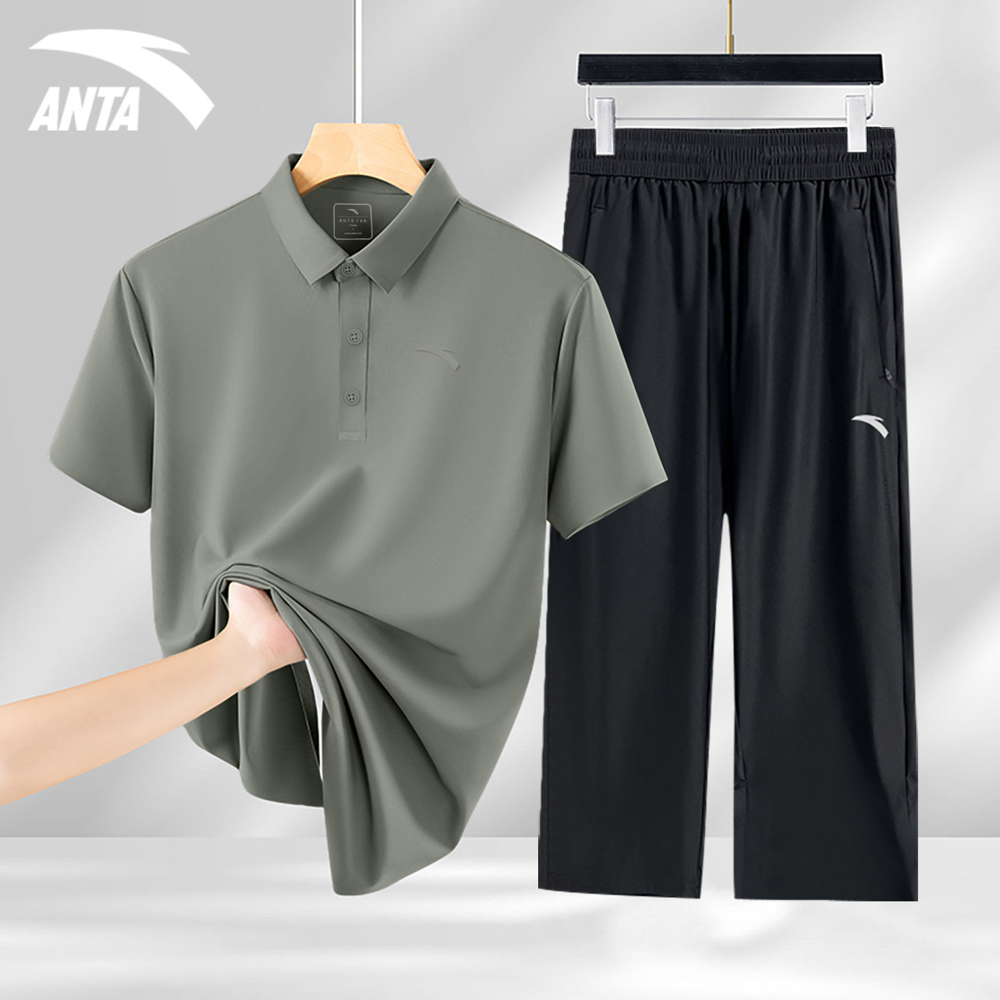 安踏polo衫运动套装男款2026夏季新款速干短袖七分裤爸爸装两件套