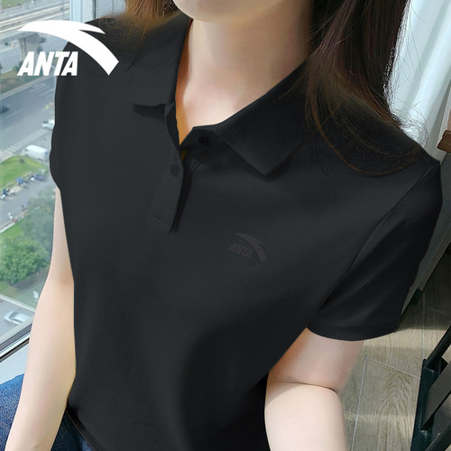 安踏短袖女士polo衫黑色休闲翻领