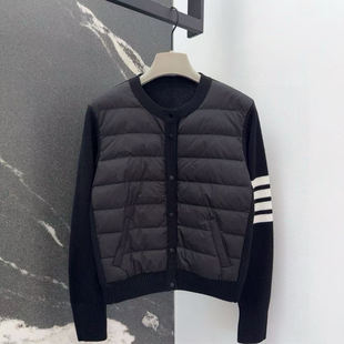 2025早秋新款学院风四道杠条纹羊毛针织拼接圆领羽绒服休闲百搭