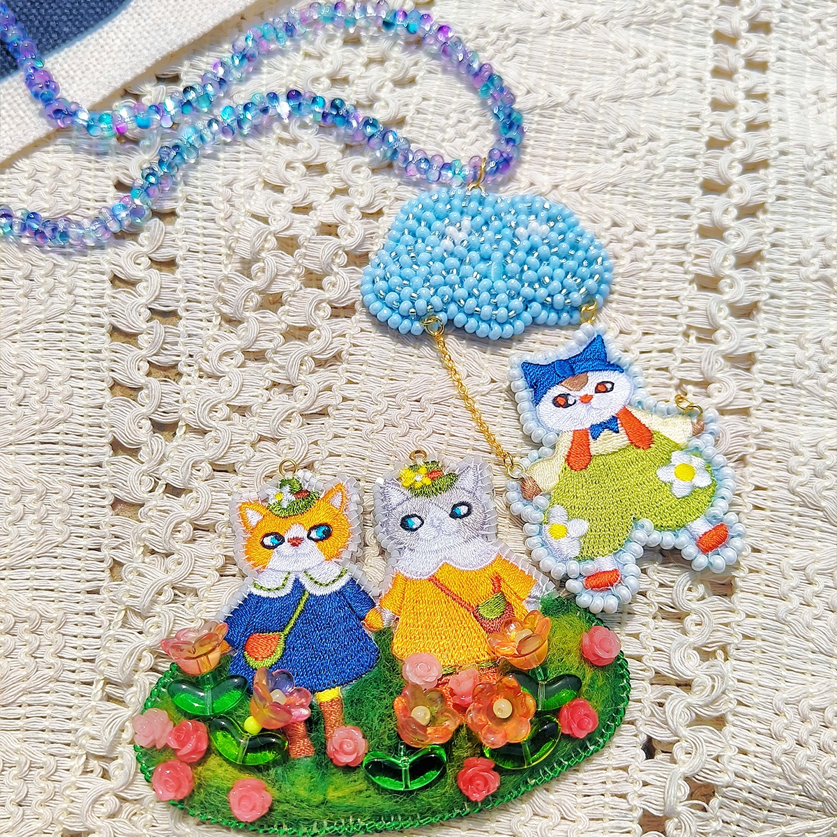 HitS手作 珠绣刺绣可爱猫猫项链吊坠