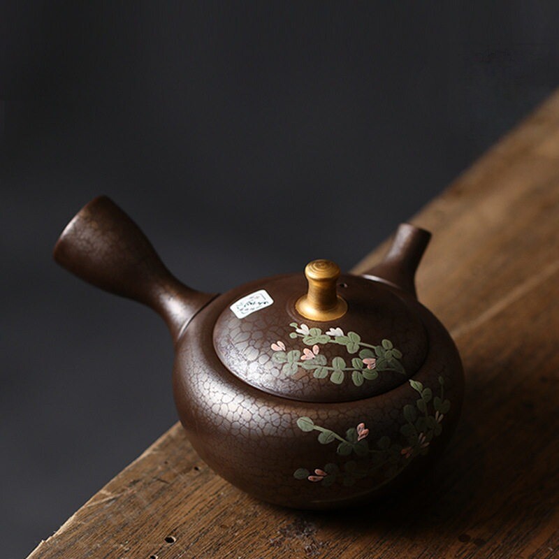 日本原装进口常滑烧侧把泡茶壶 昭龙作天目釉金顶绘花急须茶具