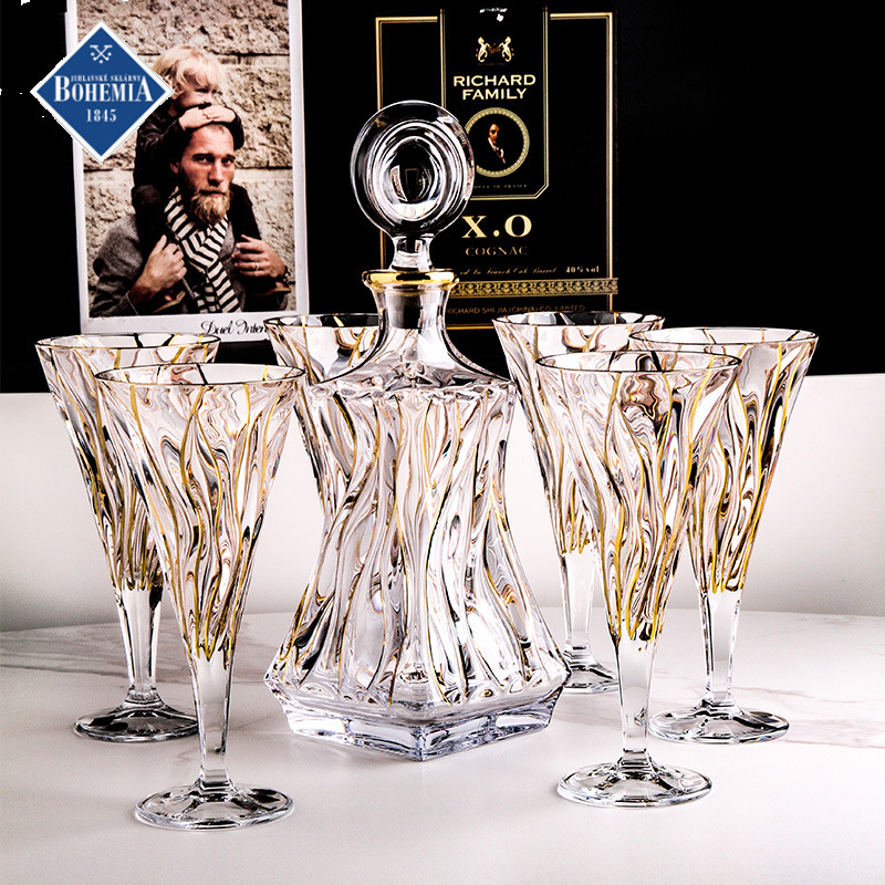 捷克进口水晶玻璃高档轻奢红酒杯葡萄酒杯描金酒樽酒具七件套