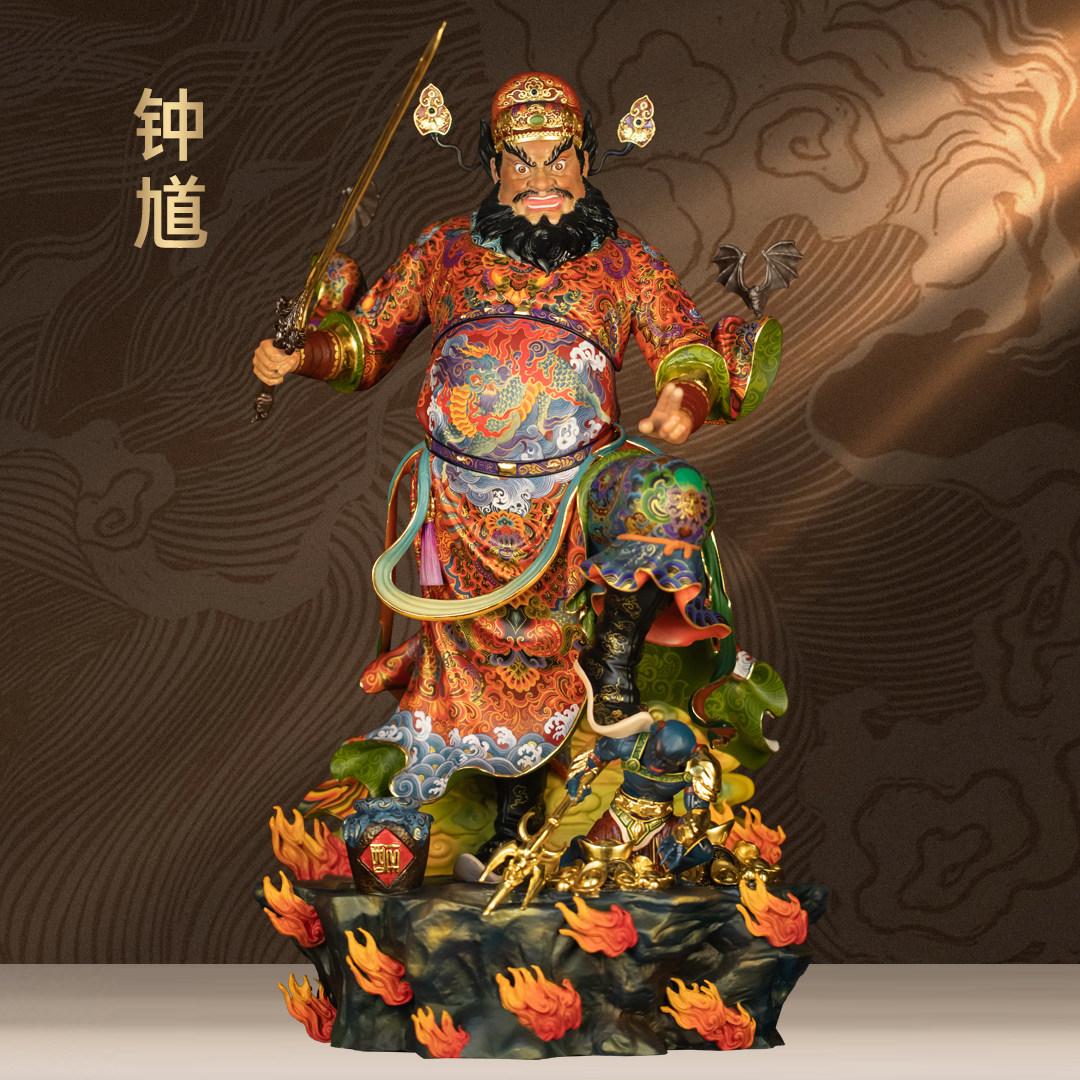 黄铜彩绘钟馗摆件天师钟馗像天师赐福家用佛堂供奉大厅玄关装饰品