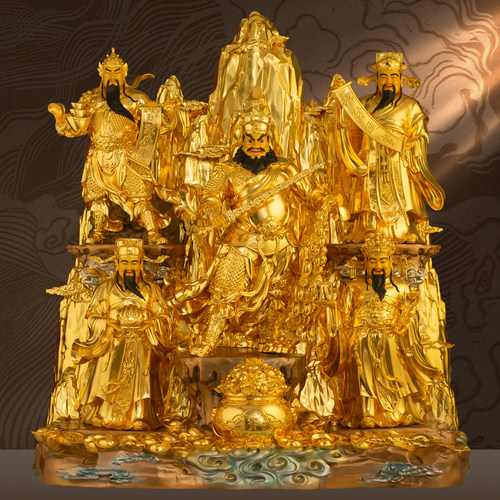 黄铜贴金五路财神摆件王亥赵公明柴荣比干关公像供奉文武财神招财