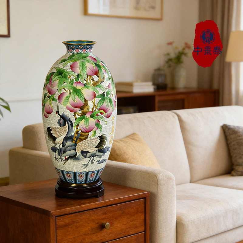 非遗北京珐琅景泰蓝花瓶15寸贺寿图仙鹤寿桃纹送老人领导生日礼品