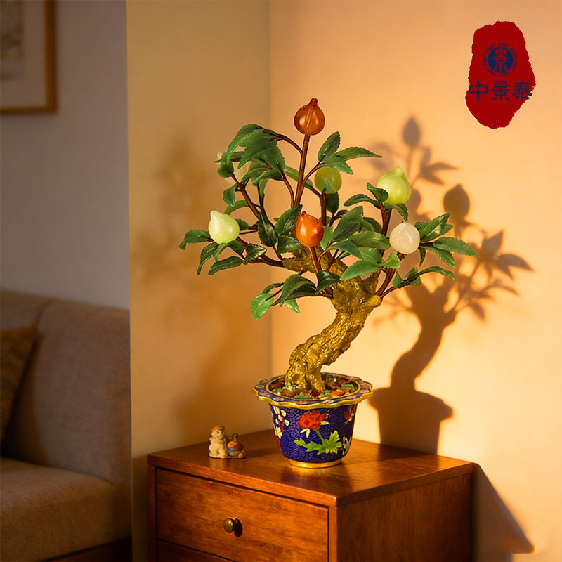 非遗北京景泰蓝老厂库存玉石盆景寿桃摆件铜胎掐丝珐琅盆客厅摆件