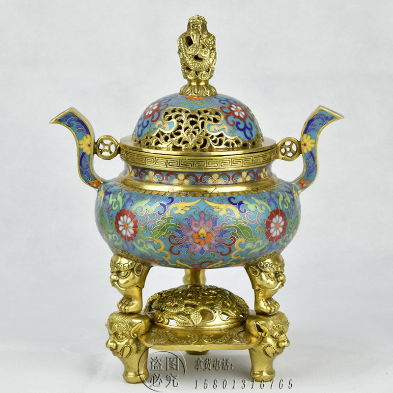 北京珐琅景泰蓝朝冠耳熏香炉铜工艺摆件厚胎佛具家用祠堂香炉,特色手工艺,景泰蓝,淘宝优惠券,粉丝福利购,淘宝优惠卷
