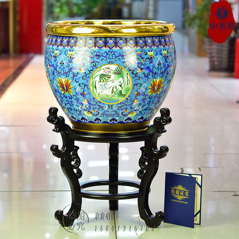 霍铁辉景泰蓝画缸纯手工铜胎掐丝珐琅高温烧制落地摆件卷画缸鱼缸