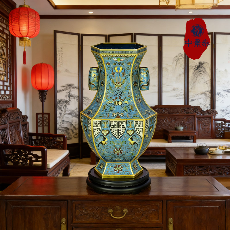 北京珐琅景泰蓝花瓶21寸六方贯耳