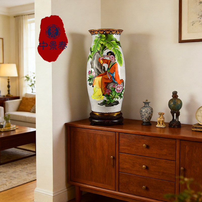 正宗北京景泰蓝花瓶国家非遗纯手工铜胎掐丝珐琅22寸仕女图橄榄瓶