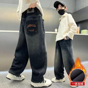 冬款男童裤子中大童长裤加绒加厚牛仔裤儿童一体绒保暖裤外穿洋气