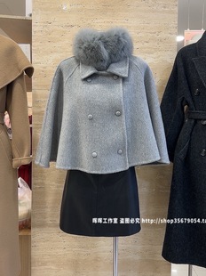 复古双排扣狐狸毛毛领斗篷外套毛呢短外套女 秋冬韩版 2025新款 女装