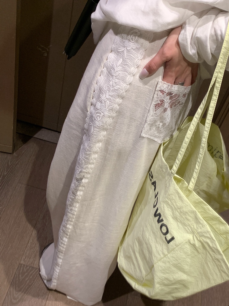 度假自然系蕾丝拼接镂空宽松高腰休闲裤女2025早春新款棉麻阔腿裤