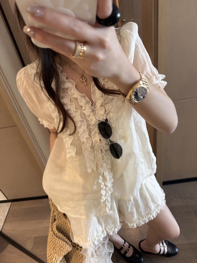 法式木耳边100%苎麻套装女夏季新款V领短袖衬衫上衣+短裤两件套