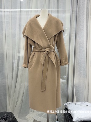 2025新款秋装女装卡其色大翻领双面羊绒大衣女中长款系带毛呢外套
