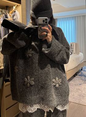 立体花朵慵懒风针织开衫女秋冬新款宽松软糯毛衣外套百搭长袖上衣