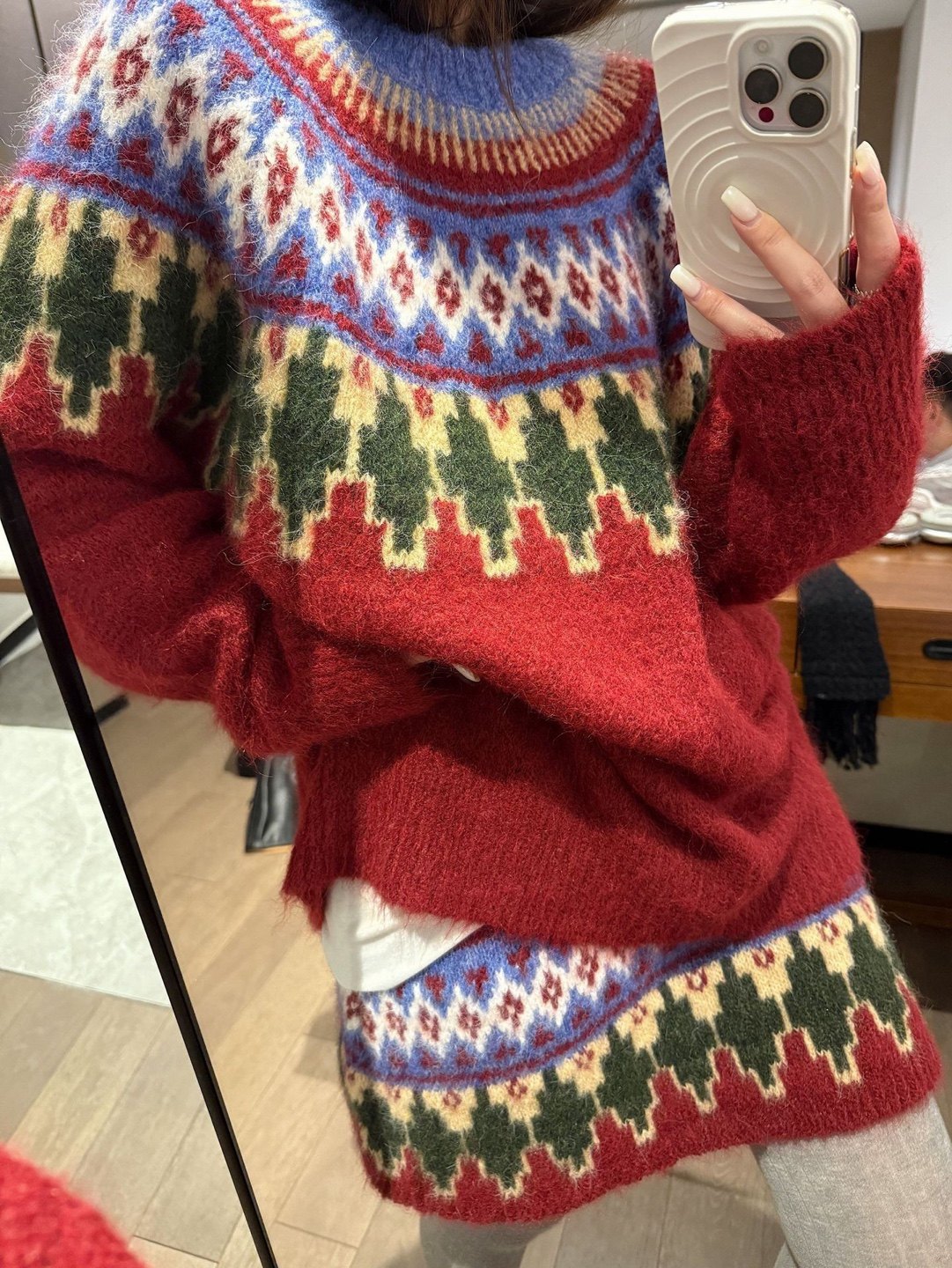 复古费尔岛提花加厚毛衣短裙套装女2026早春新款红色针织两件套