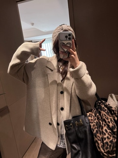复古假两件西装领针织开衫女秋冬新款加厚宽松慵懒风外套毛衣上衣