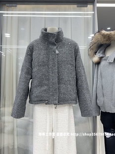 2025新款女装冬装韩版宽松休闲小香风立领短款亮片毛呢羽绒服外套