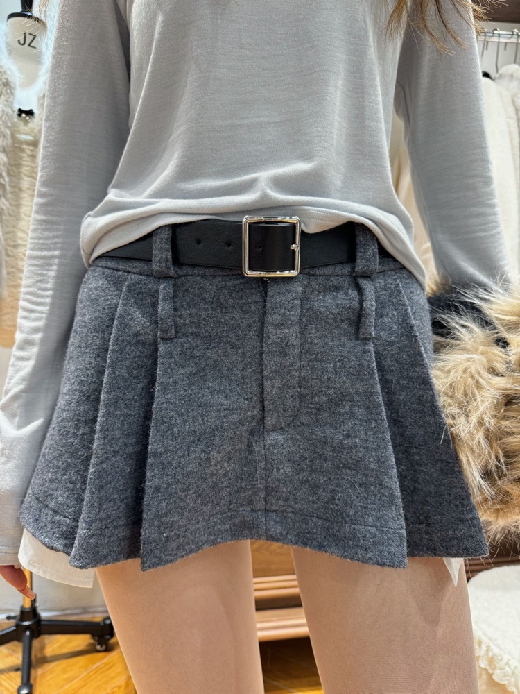 韩版女装冬季灰色百搭百褶裙裤50%羊毛灰色腰带半裙（打底裤加绒