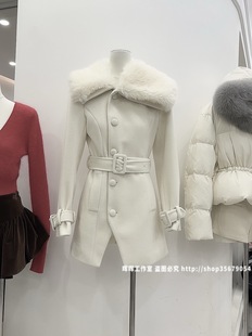 2025女装 英区大小姐不对称翻领单排扣可拆卸环保毛领毛呢外套大衣