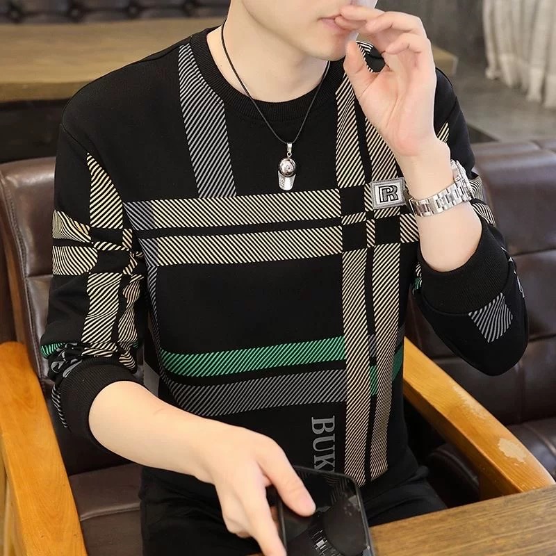 秋冬季男士圆领卫衣休闲时尚条纹长袖T恤青年打底衫干活穿的上衣