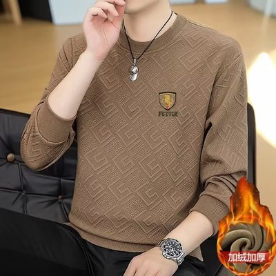 秋冬季男士加绒加厚保暖卫衣大码圆领套头长袖t恤带绒上衣打底衫