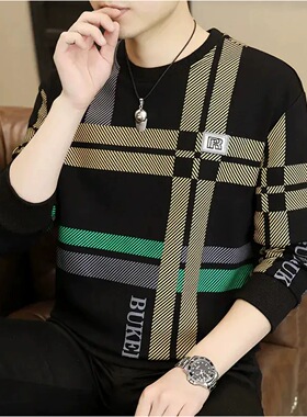 男士卫衣条纹秋季新款长袖T恤春衣服圆领中青年秋衣百搭打底衫潮