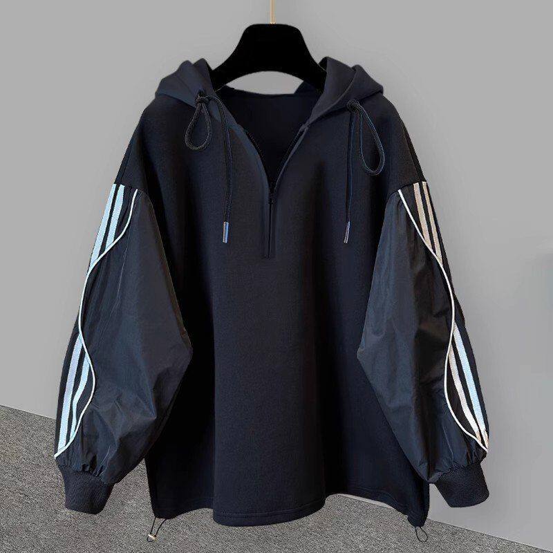 学生痞帅外套拼接卫衣秋季休闲男连帽潮流半韩版宽松条纹拉链套头