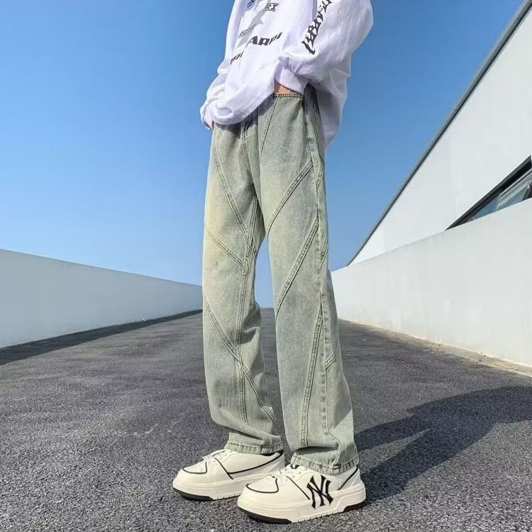 2025牛仔裤拼接水洗美式vibe高街直筒垂坠感hiphop宽松男春夏裤子