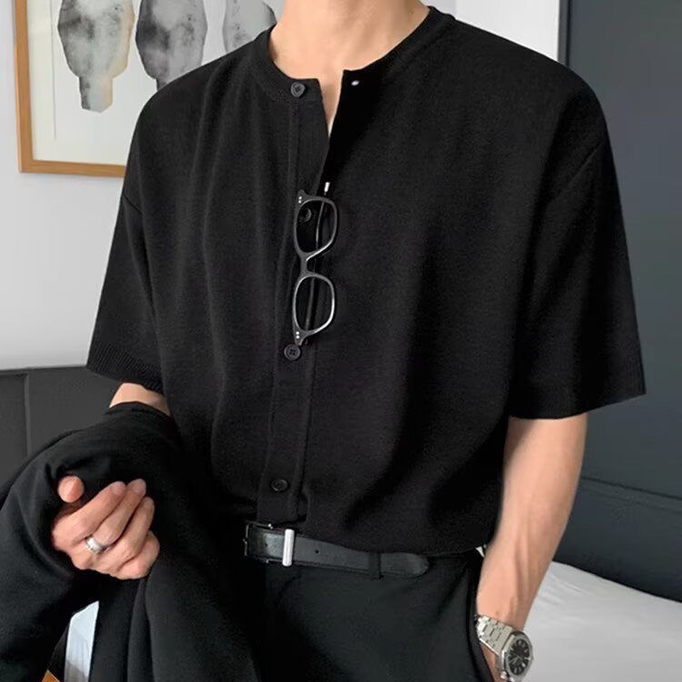 风半袖外套宽松夏季轻薄纯色韩版薄款短袖针织开衫潮流轻熟男T恤