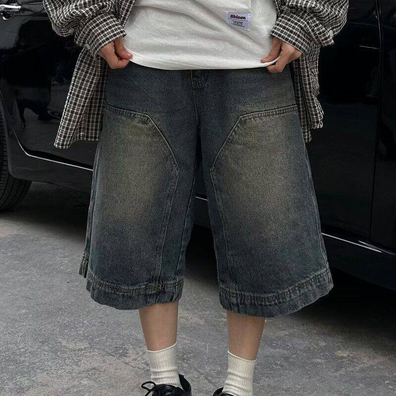 直筒夏季百搭高街男女牛仔短裤阔腿复古水洗七分裤休闲男做旧美式