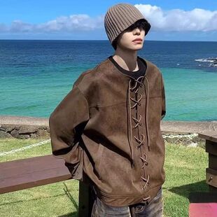 复古衣服痞帅美式对襟男外套抽绳皮衣小众棕色春秋季上美拉德夹克