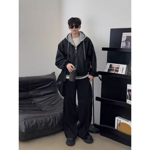 连帽哈灵顿外套机车夹男痞皮衣夹克假两件帅风棉棒短款美式衣服球