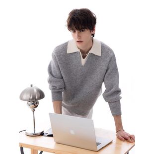 假两件宽松 工厂V毛衣外套潮慵懒情侣男翻领针织衫领老钱高级感