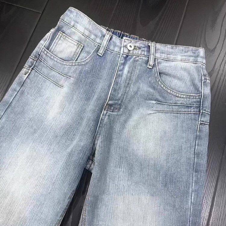 直筒潮牌显瘦炸街纹水洗男款牛仔裤秋季竹节裤子浅蓝色微喇裤痞帅