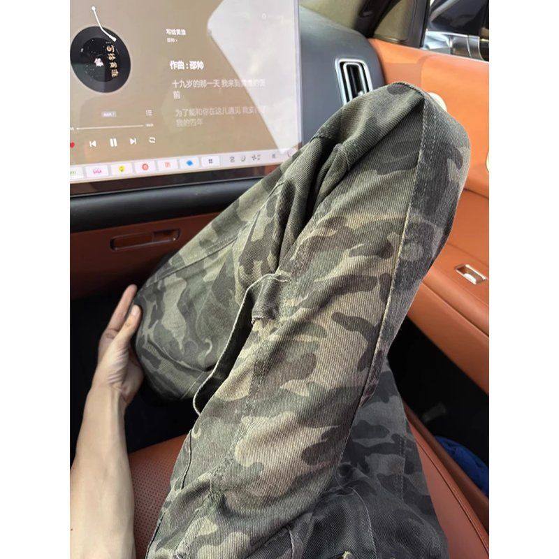 微喇裤美式高街迷彩直筒裤伐木修身男款子工装牛仔裤潮牌显瘦vibe