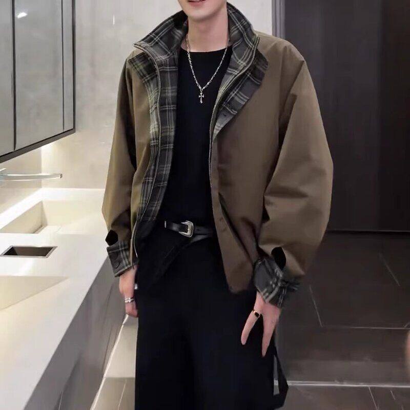 加厚黑色短款格纹冬季假两件高级感美式棉服夹克保暖男款立领外套