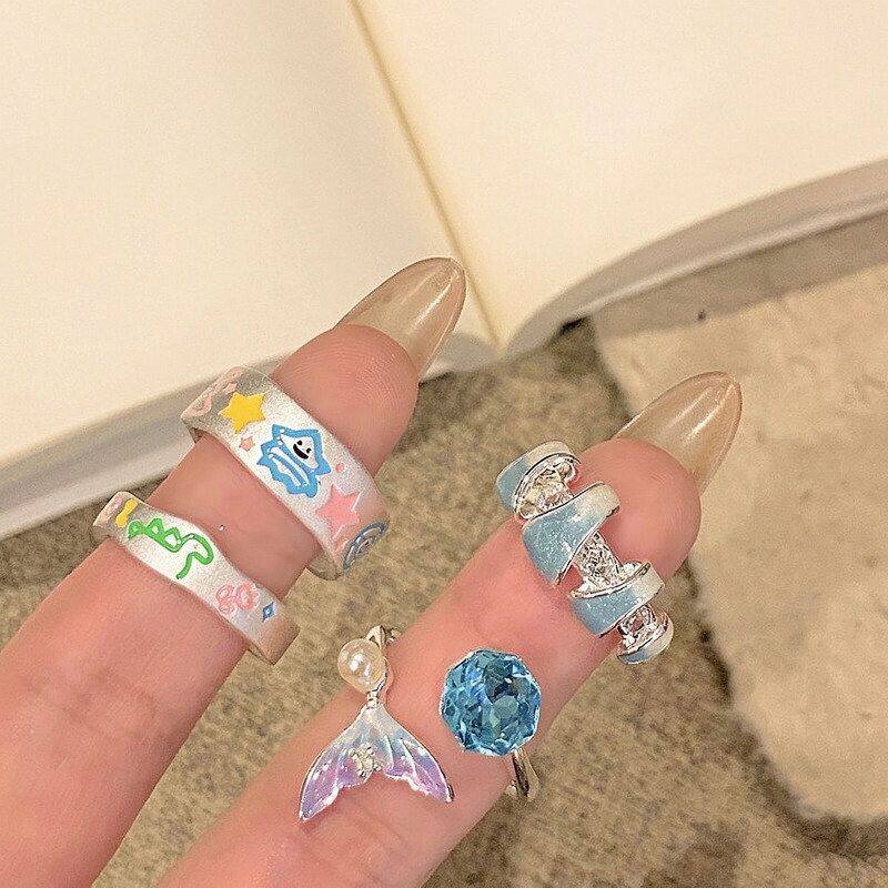 风指环涂鸦鱼尾韩系】女戒指可爱奶蓝简蓝开口童趣冷淡风禾【尤物