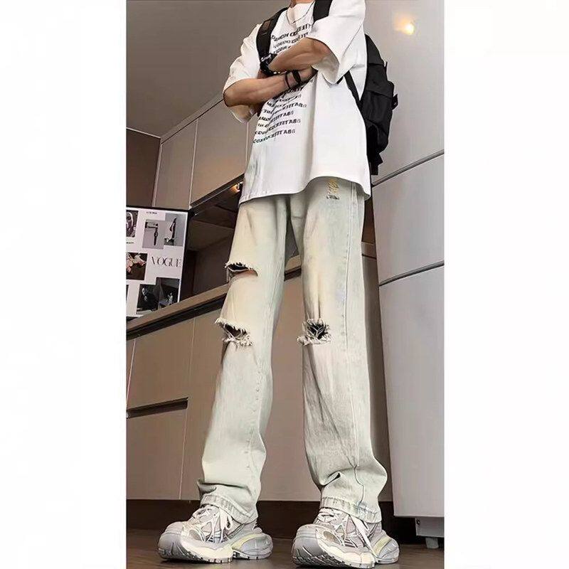 美式黄泥夏季裤子微喇裤直筒高街vibe破洞牛仔裤水洗男款复古做旧