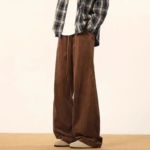 灯芯绒裤子休闲加绒慵懒男款阔腿美式深棕色复古秋冬弯刀风裤卫裤
