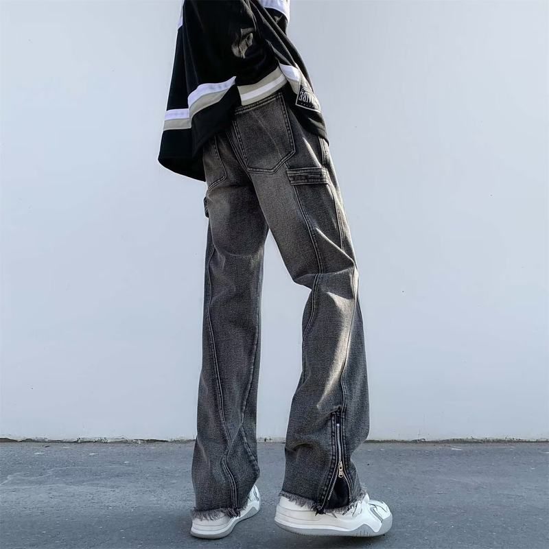 美式oversize喇叭裤子拉链新款男款微春季高街潮牌直筒牛仔裤vibe